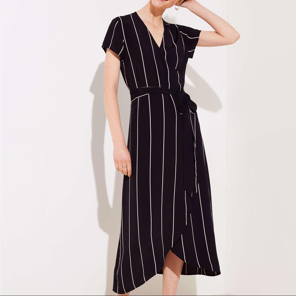 Short sleeve pinstriped wrap dress